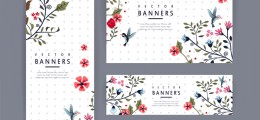 graceful banner template design with lovely floral pattern over purple spotted white background