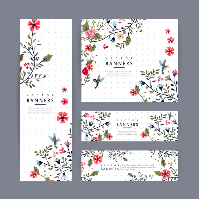 graceful banner template design with lovely floral pattern over purple spotted white background