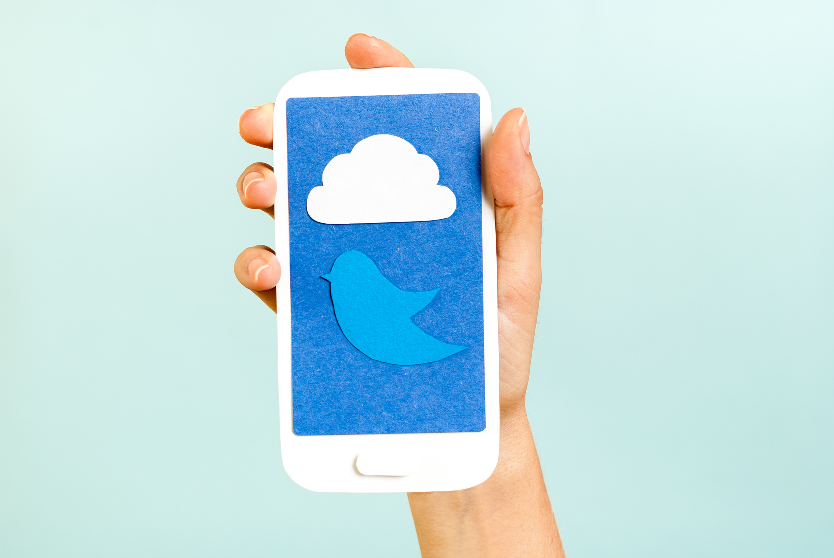 Conceptual phone showing a cloud and bird on blue background