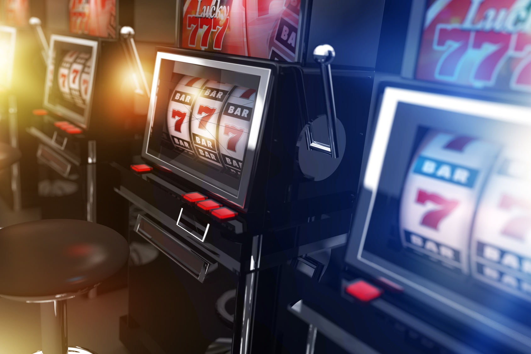 Vegas Casino Slot Machines 3D Render Illustration. One-Armed Bandit Casino Machines. Gambling Concept