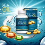 deep sea fish oil contained in a bottle and paper box, water background 3d illustration