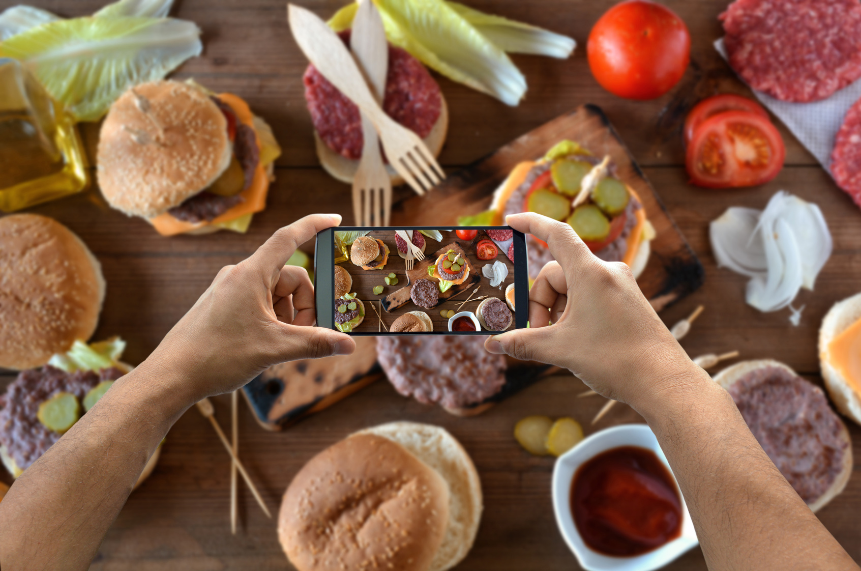 taking photograph of food with the smartphone from above